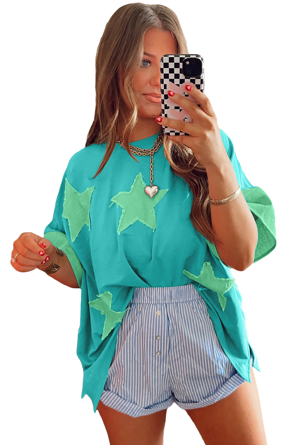 Aruba Blue Frayed Denim Star Patched Oversize T Shirt Pre Order Tops JT's Designer Fashion