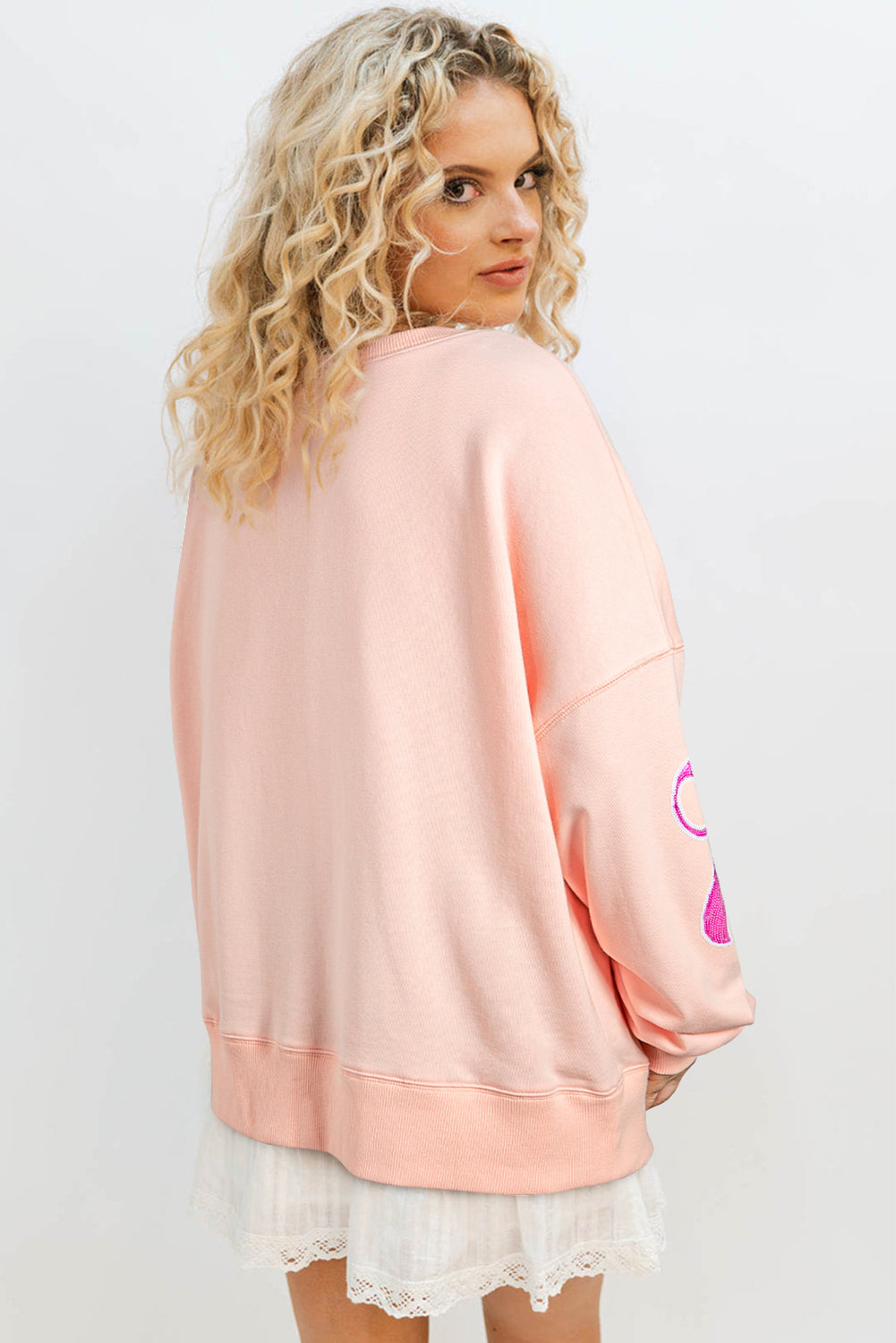 Apricot Pink Sequined Bowknot Drop Shoulder Oversized Sweatshirt Sweatshirts & Hoodies JT's Designer Fashion