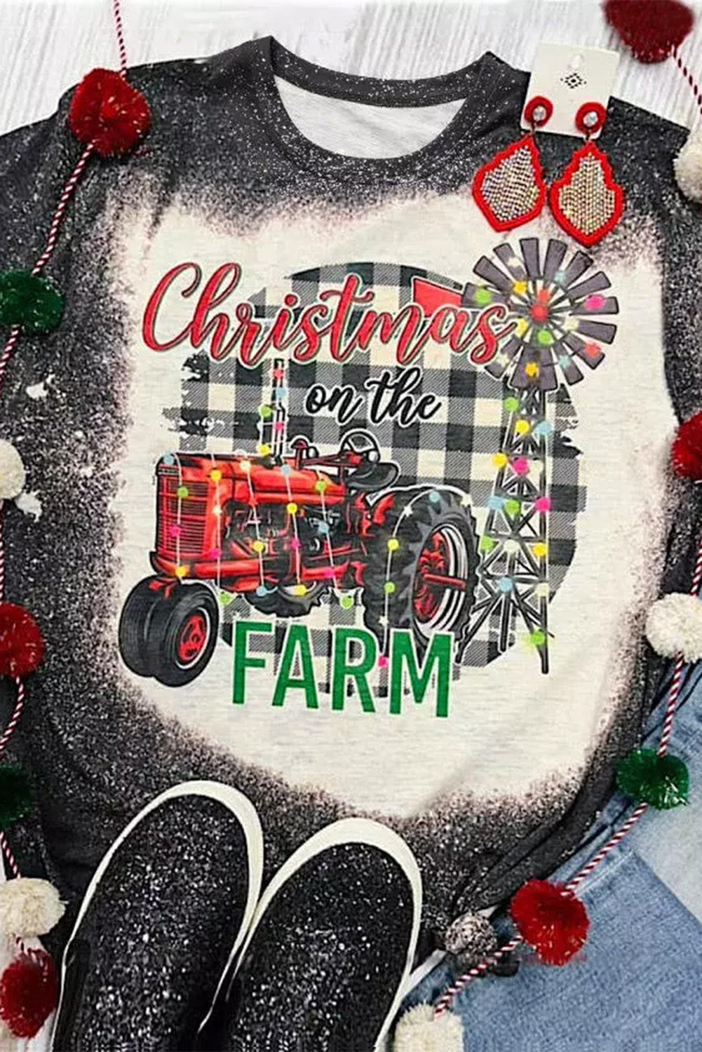 Black Christmas Farm Graphic Bleached T-shirt Graphic Tees JT's Designer Fashion