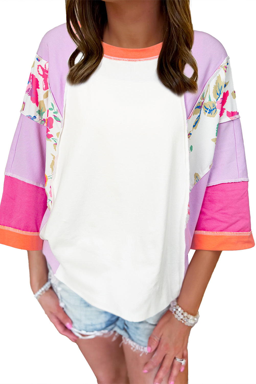 Sachet Pink Floral Color Block Patchwork 3/4 Sleeve Casual Blouse Blouses & Shirts JT's Designer Fashion