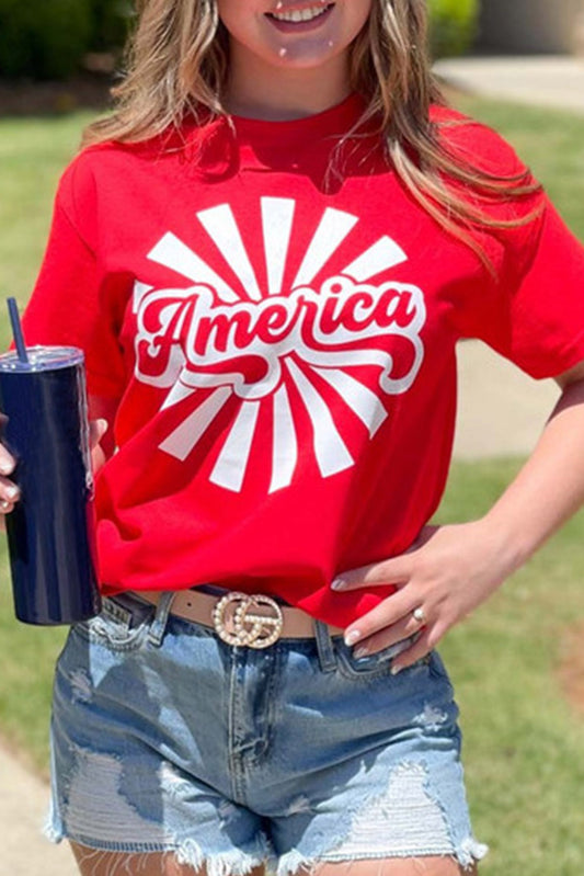 Fiery Red America Graphic Print Independence Day T Shirt Red-2 95%Polyester+5%Elastane Graphic Tees JT's Designer Fashion