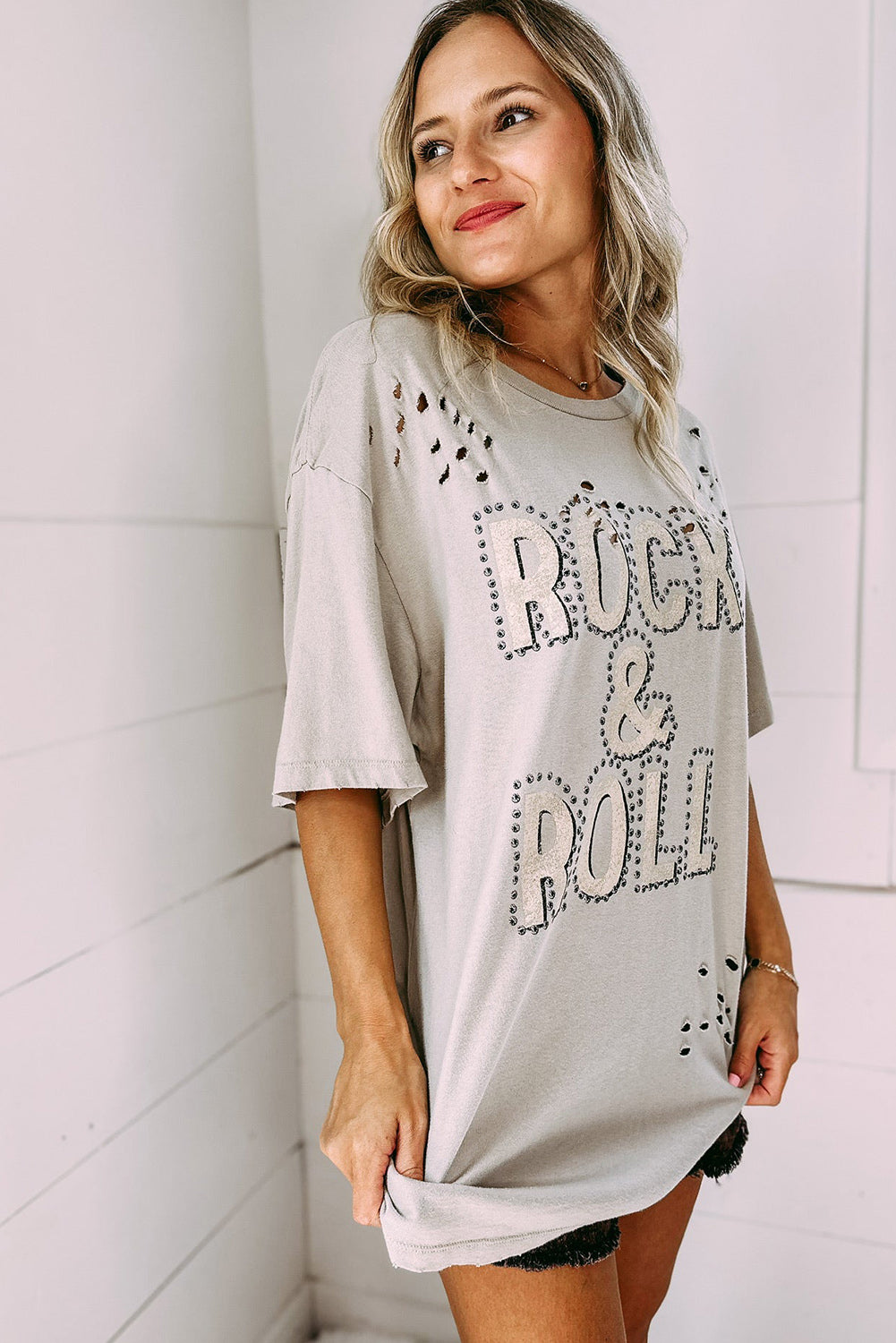 Gray Rock & Roll Graphic Distressed Oversized Tee Tops & Tees JT's Designer Fashion