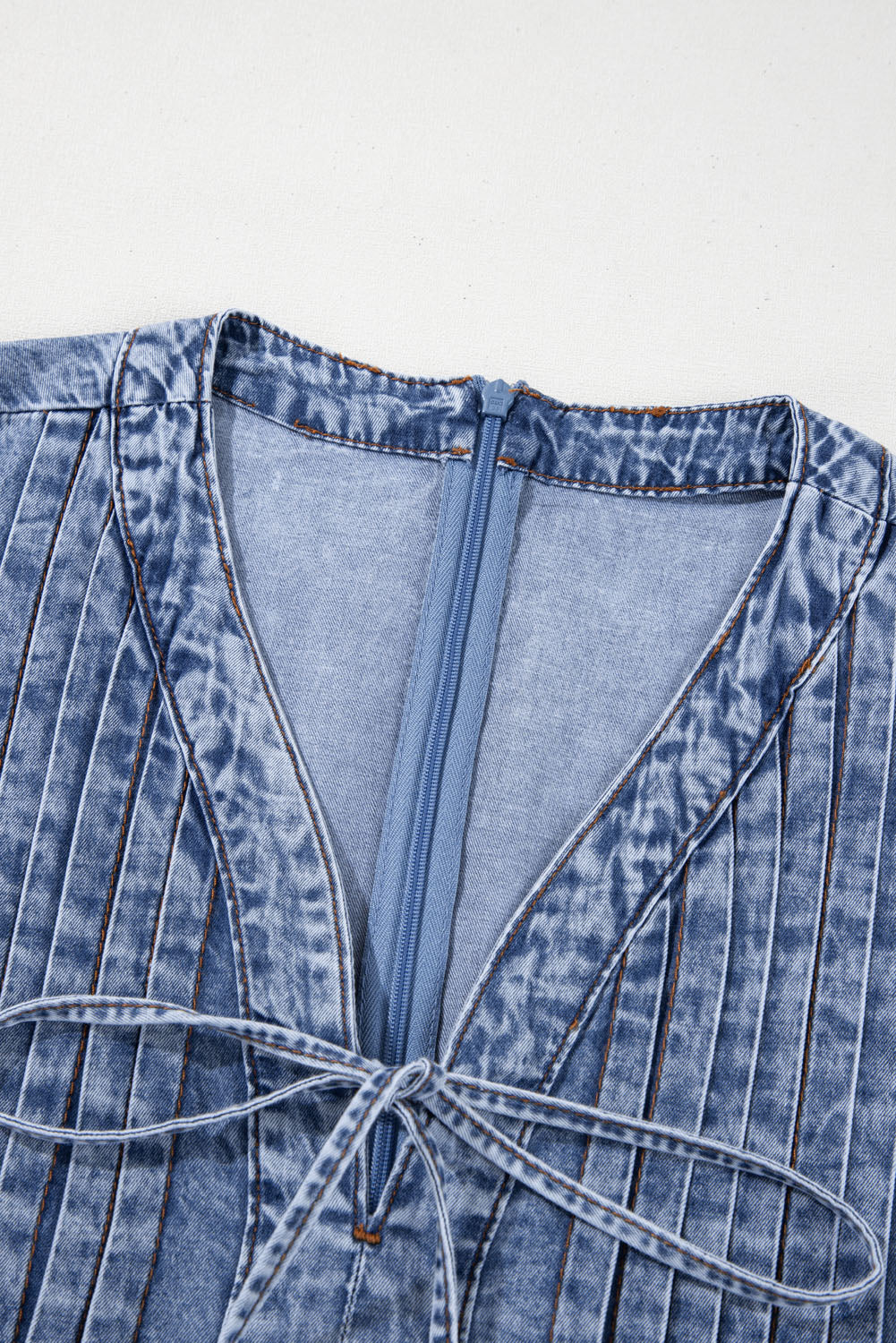 Beau Blue Tie V Neck Tucking Detail Short Sleeve Denim Shift Dress Mini Dresses JT's Designer Fashion