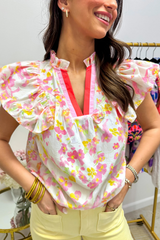 Pink Floral Print Frilled Notch V Neck Blouse Pre Order Tops JT's Designer Fashion
