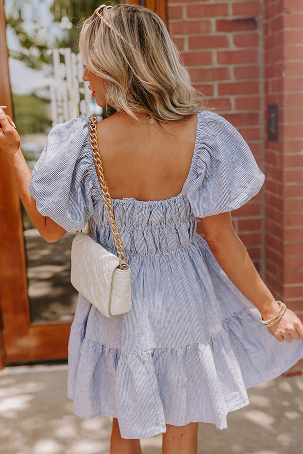 Sky Blue Stripe Bubble Sleeve Square Neck Ruched Pocketed Babydoll Dress Mini Dresses JT's Designer Fashion