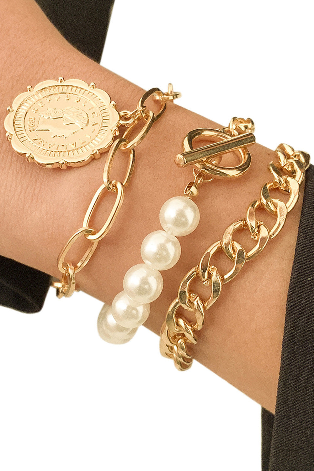 Retro Gold Pearl Chain Bracelet Set Jewelry JT's Designer Fashion