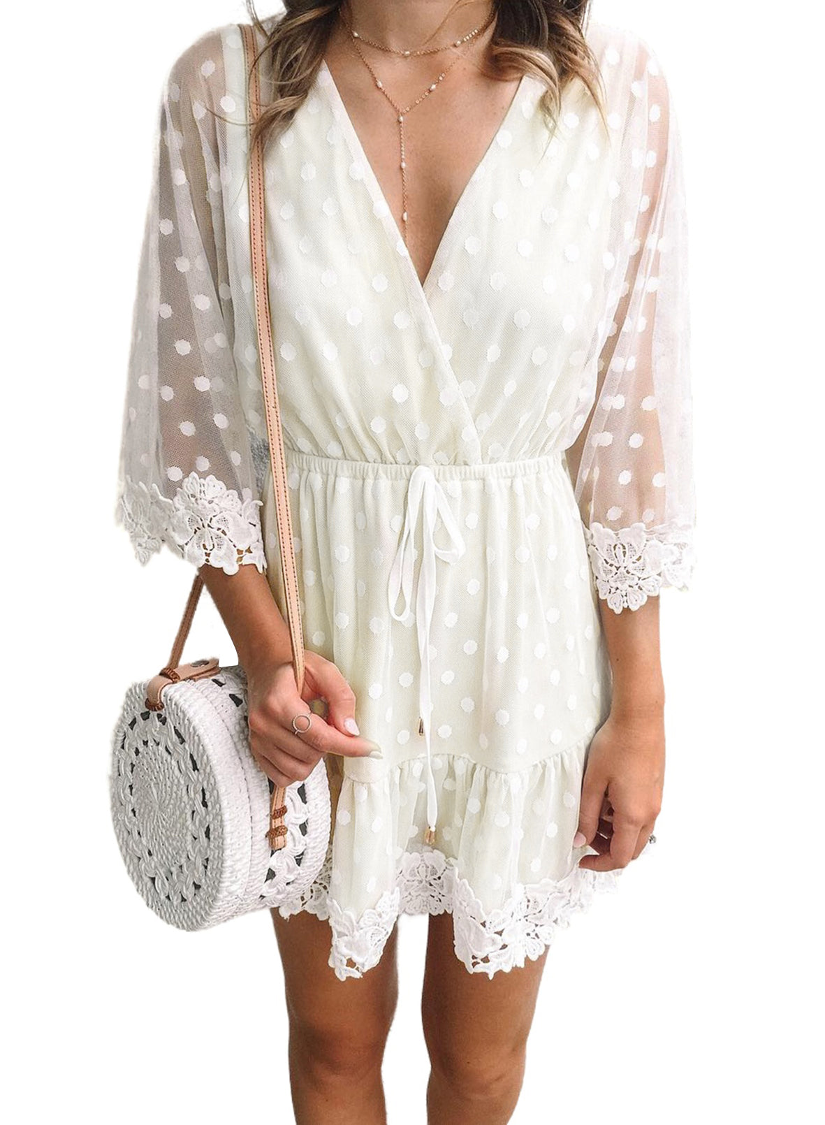 White Wrap V Neck Elastic Waist Polka Dot Mesh Lace Splicing Dress Mini Dresses JT's Designer Fashion