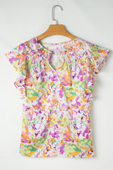 Purple Abstract Printed Ruffled Short Sleeve Notched Neck Blouse Blouses & Shirts JT's Designer Fashion