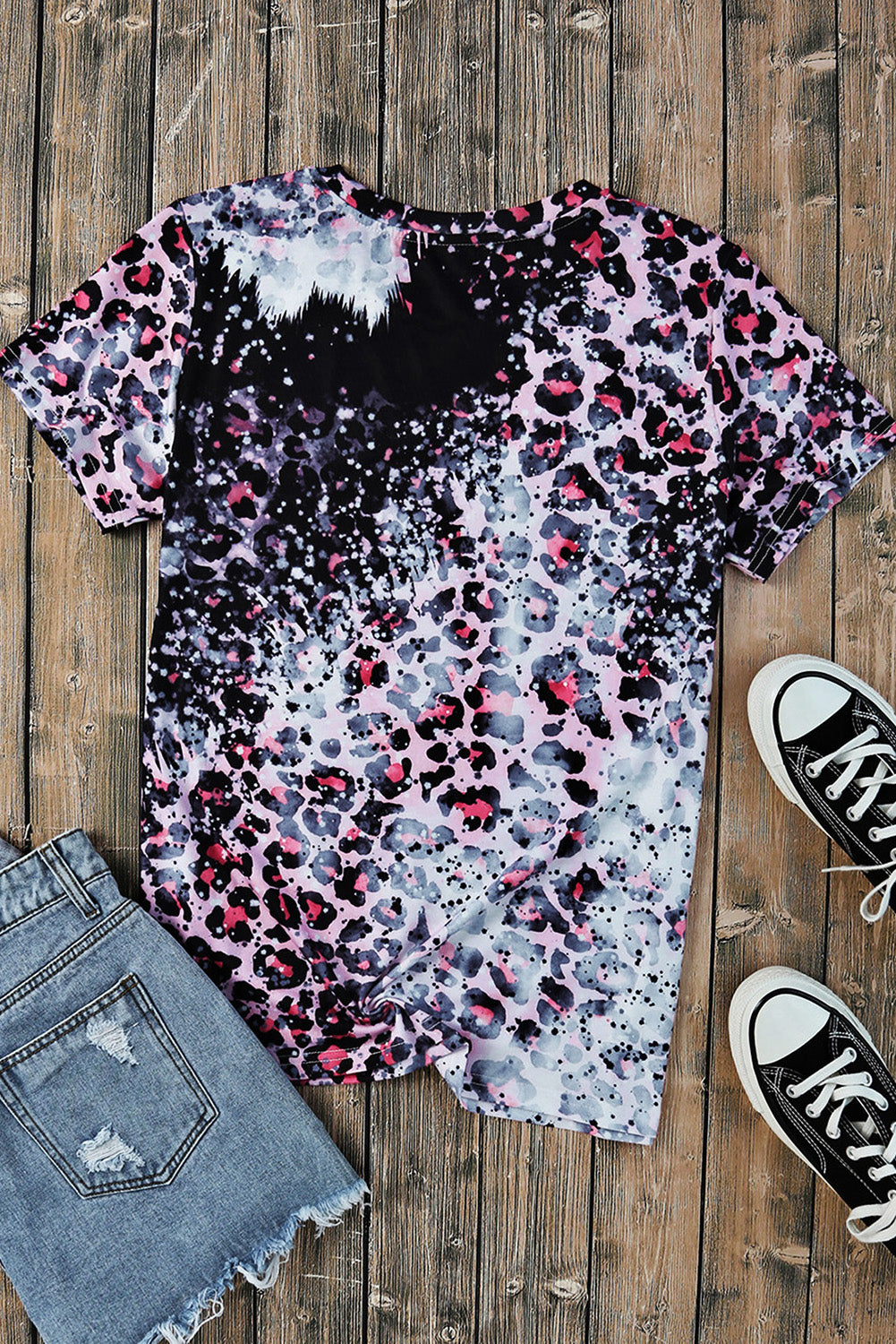 Pink Leopard Dyed Print Bleached Blank Tee Tops & Tees JT's Designer Fashion