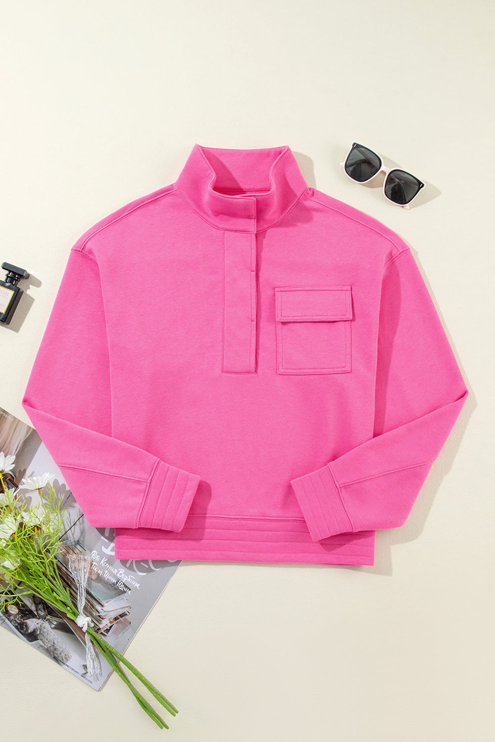 Bright Pink Vintage Mineral Wash Half Button Collared Sweatshirt Sweatshirts & Hoodies JT's Designer Fashion