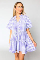Lavendula Plaid Ruffle Wide Short Sleeve Babydoll Mini Dress Mini Dresses JT's Designer Fashion