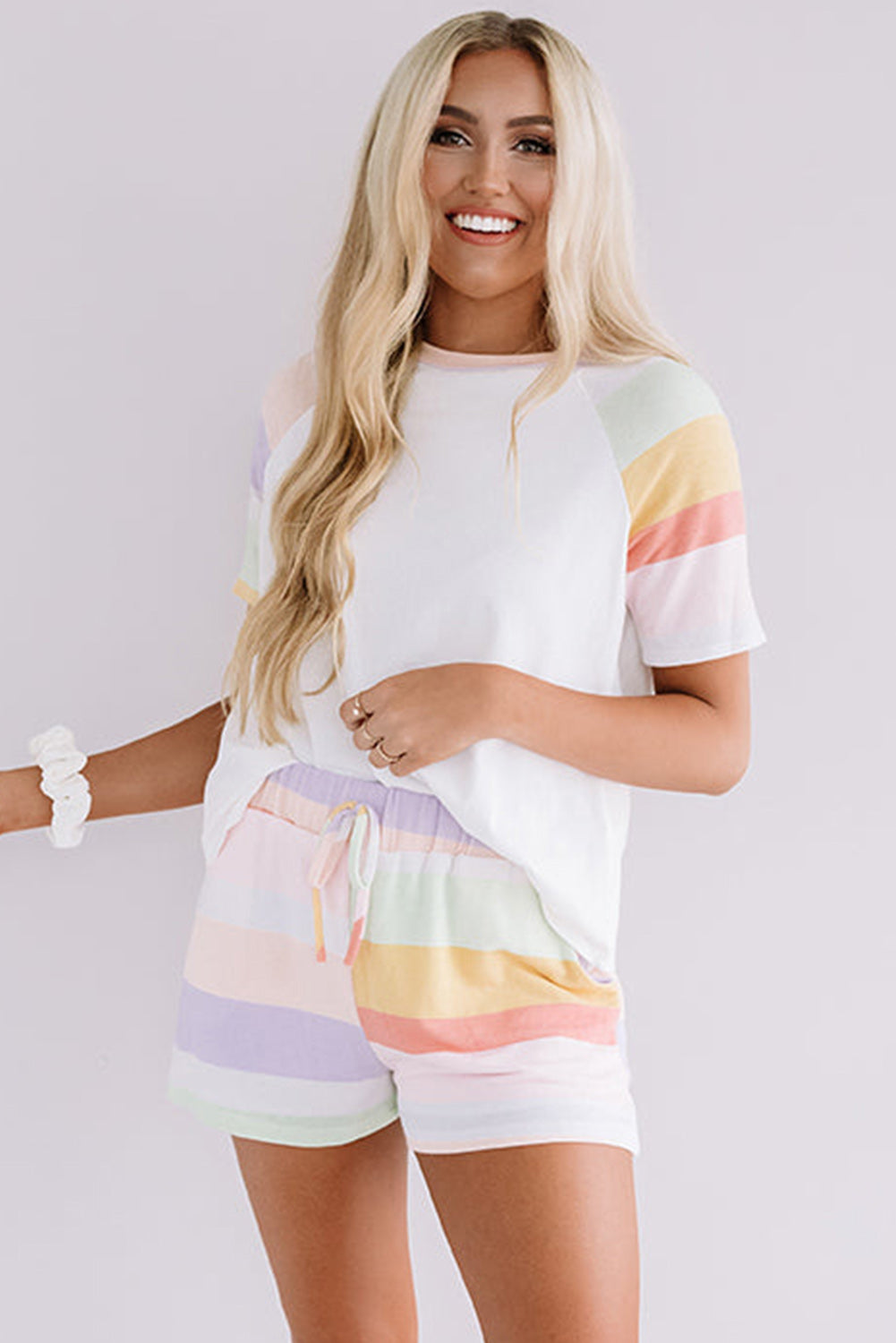 White Rainbow Striped T Shirt and Shorts Set Short Sets JT's Designer Fashion