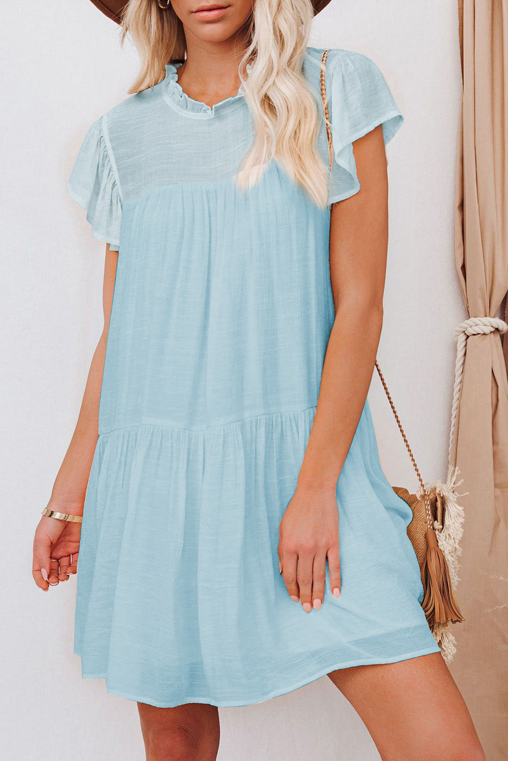 Sky Blue Frilled Neck Ruffle Swing Mini Dress with Pockets Mini Dresses JT's Designer Fashion