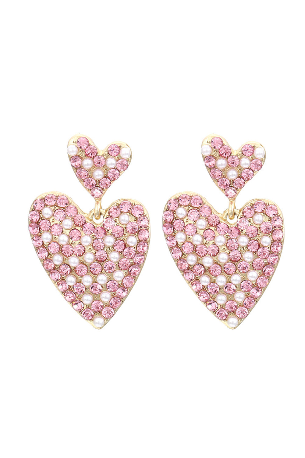 Pink Rhinestone Pearl Dual Heart Shape Valentine Earrings Jewelry JT's Designer Fashion