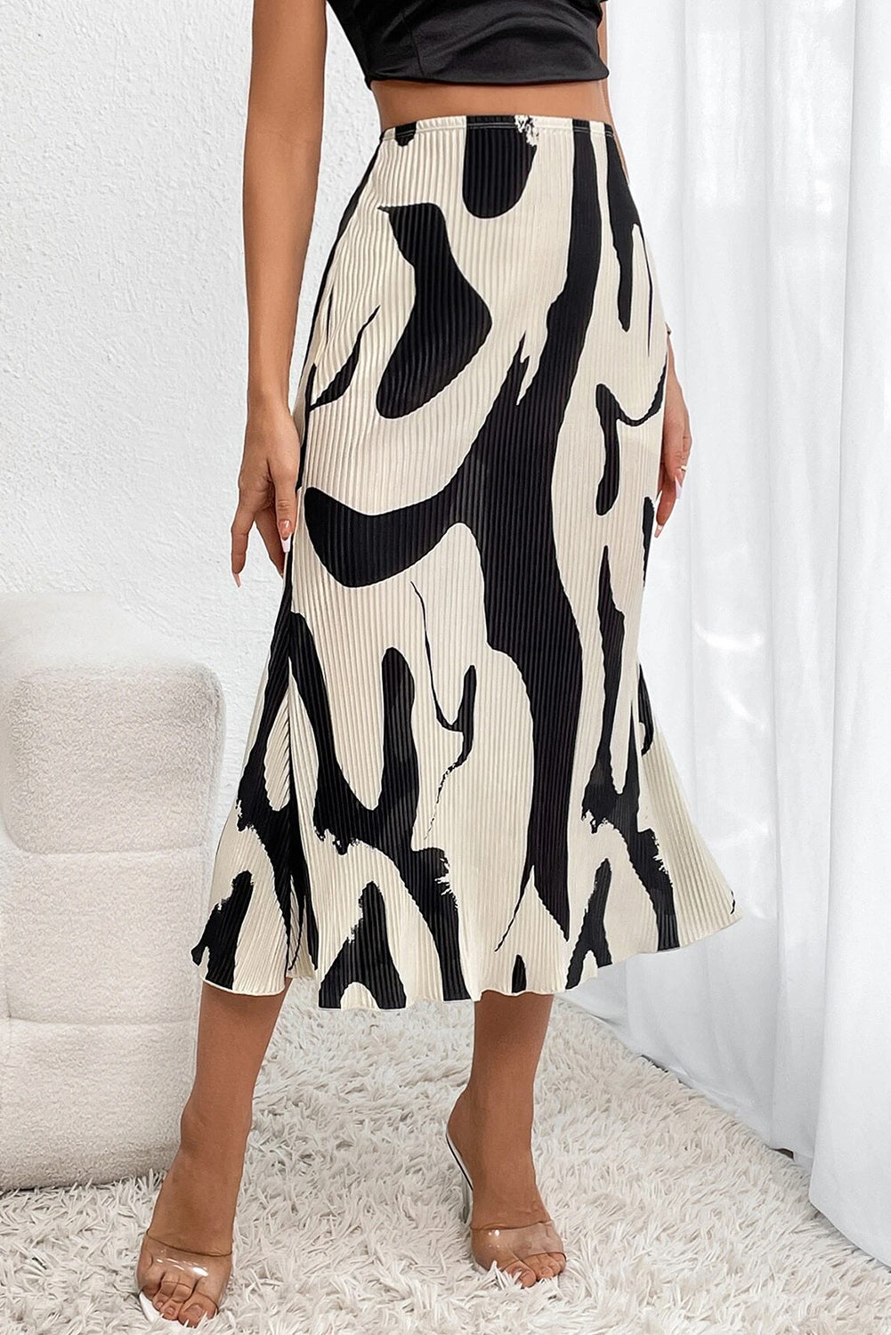 Black Colorblock Geometric Print Pleated Midi Skirt Pre Order Bottoms JT's Designer Fashion