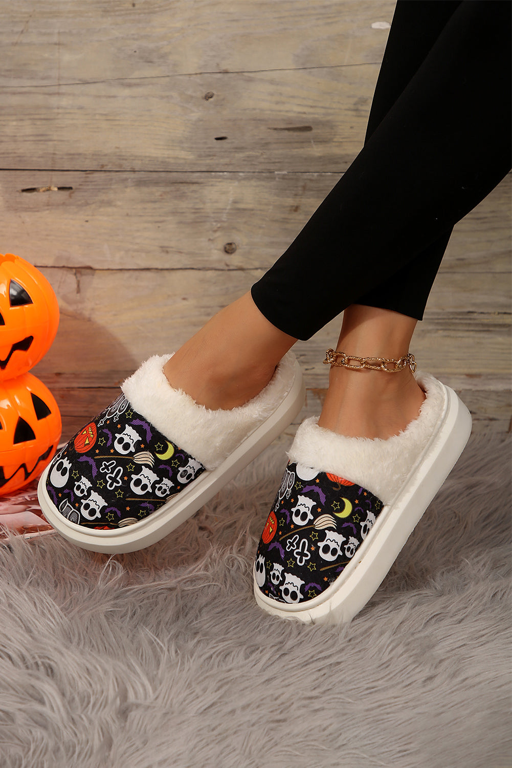 Black Halloween Pumpkin Ghost Print Plush Home Slippers Slippers JT's Designer Fashion