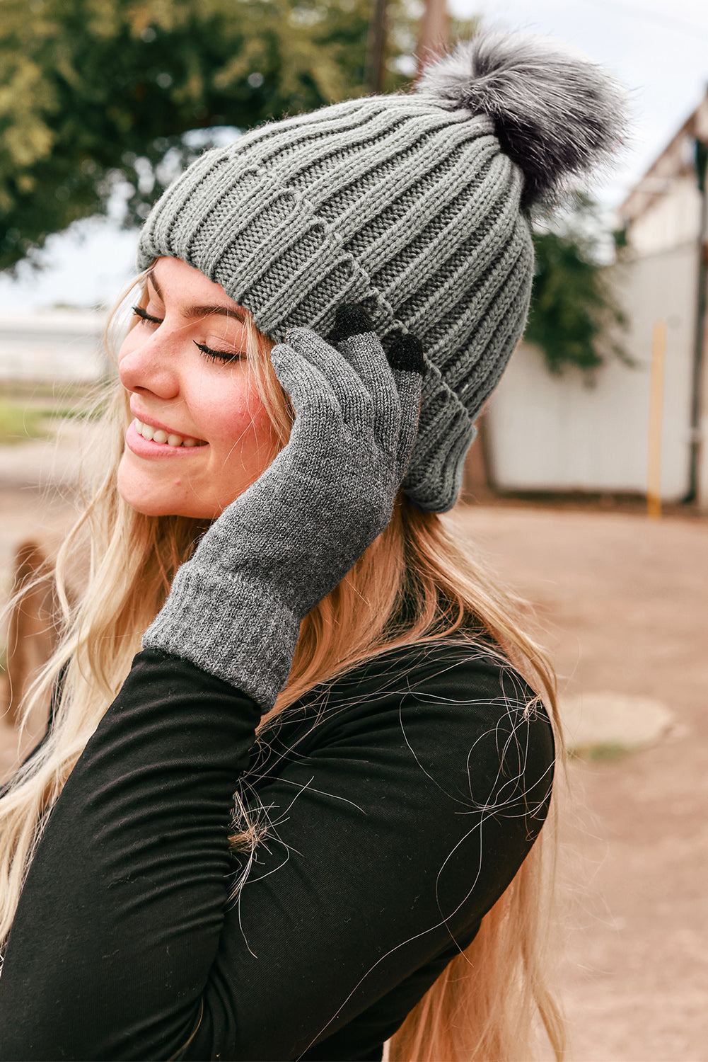 Gray Warm Furry Pompom Beanie with Telefingers Gloves Hats & Caps JT's Designer Fashion