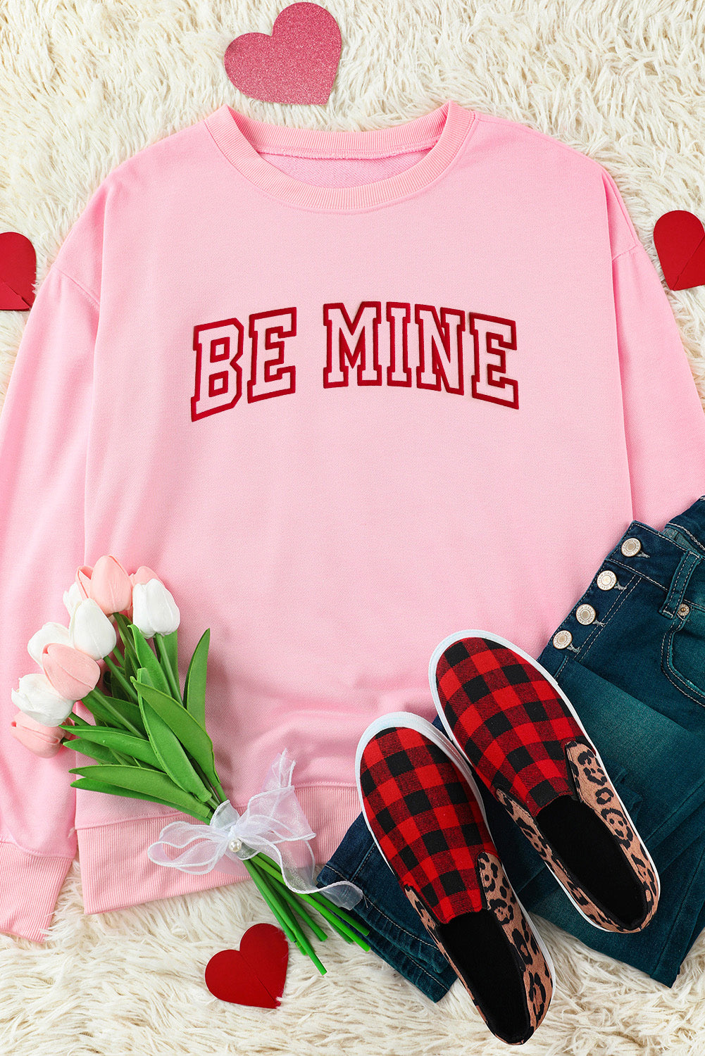 Pink BE MINE Puff Graphic Pullover Sweatshirt Graphic Sweatshirts JT's Designer Fashion