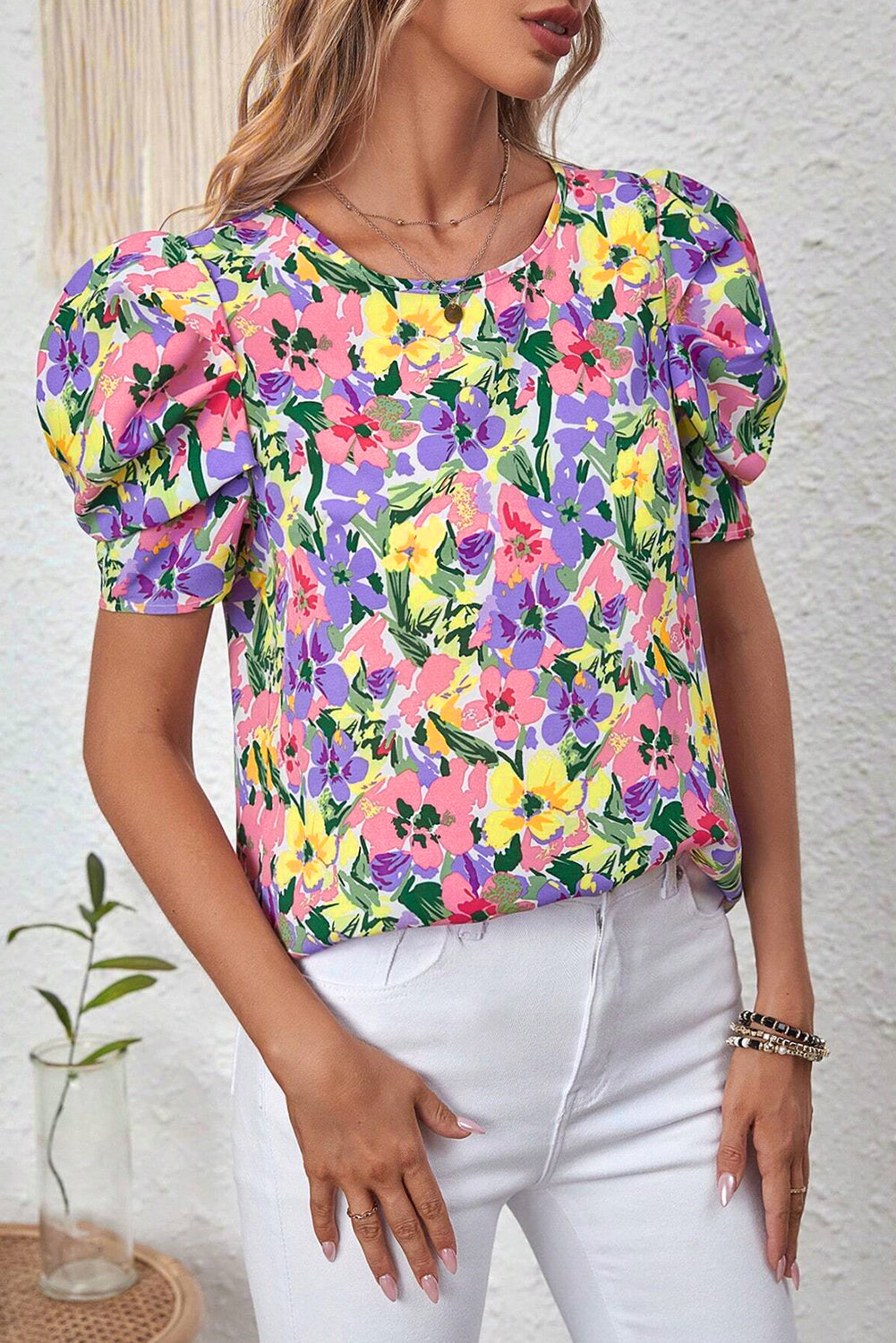 Purple Floral Print Puff Short Sleeve Crew Neck Blouse Blouses & Shirts JT's Designer Fashion