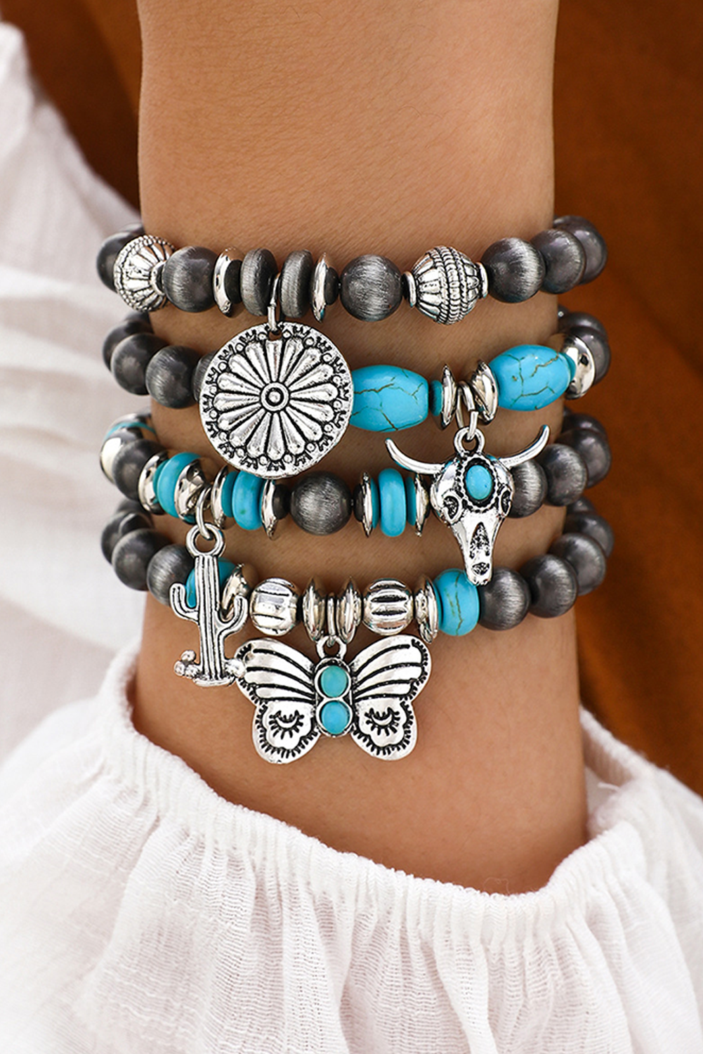 Silvery Western Turquoise Beaded Multi Layer Bracelet Jewelry JT's Designer Fashion