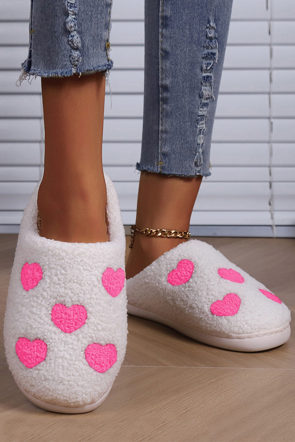 Pink Heart Pattern Valentines Fuzzy Winter Slippers Slippers JT's Designer Fashion