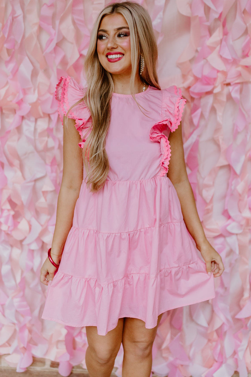 Pink Scalloped Flutter Sleeve Tiered Ruffled Mini Dress Dresses JT's Designer Fashion