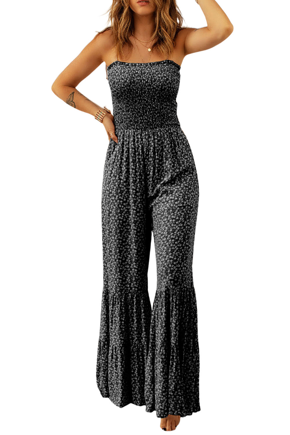 Black Khaki Thin Straps Smocked Bodice Wide Leg Floral Jumpsuit Pre Order Bottoms JT's Designer Fashion