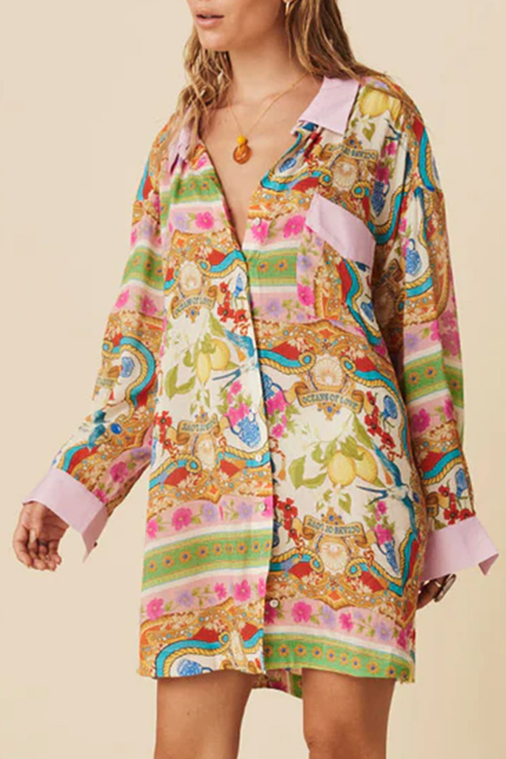 Multicolour Boho Floral Print Buttoned Long Sleeve Shirt Dress Floral Dresses JT's Designer Fashion