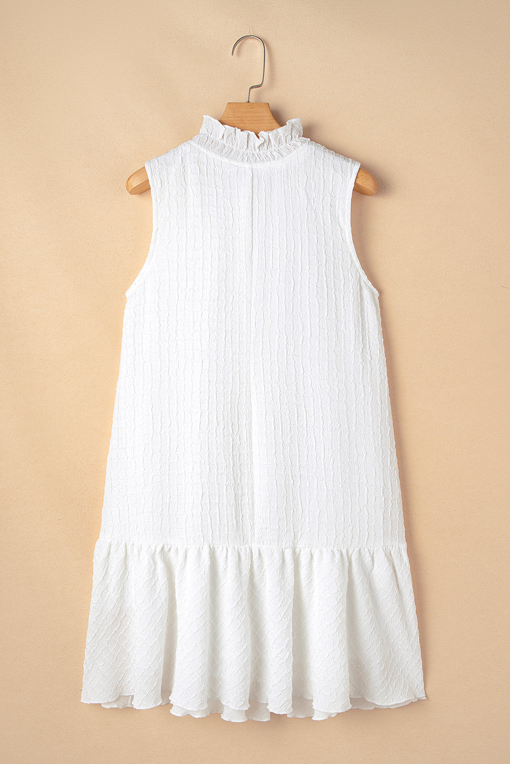 White Textured Frilled High Neck Sleeveless Ruffled Mini Dress Mini Dresses JT's Designer Fashion
