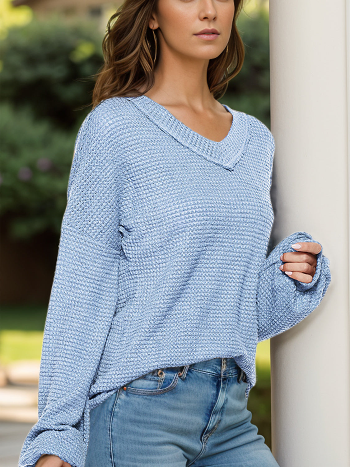 Dropped Shoulder Long Sleeve Knit Top Light Blue Long Sleeve Tops JT's Designer Fashion