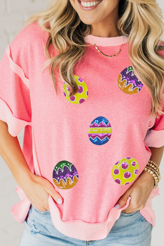 Peach Blossom Sequined Easter Eggs Contrast Patchwork Detail Short Sleeve Blouse Graphic Tees JT's Designer Fashion