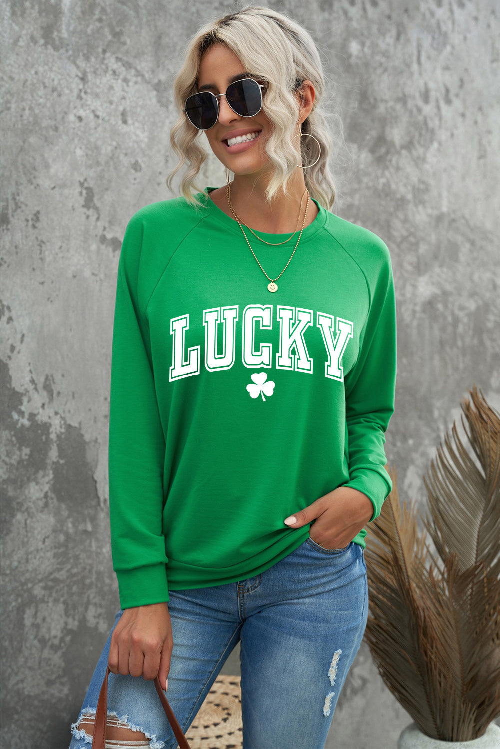 Green St. Patricks LUCKY Clover Print Raglan Sleeve Sweatshirt Graphic Sweatshirts JT's Designer Fashion