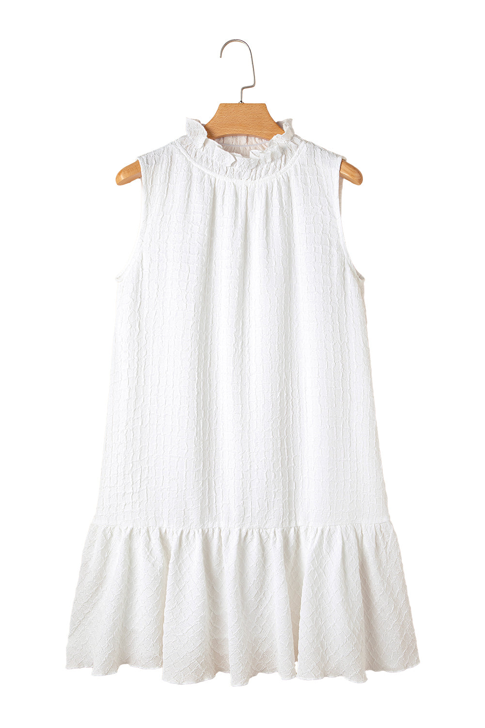 White Textured Frilled High Neck Sleeveless Ruffled Mini Dress Mini Dresses JT's Designer Fashion