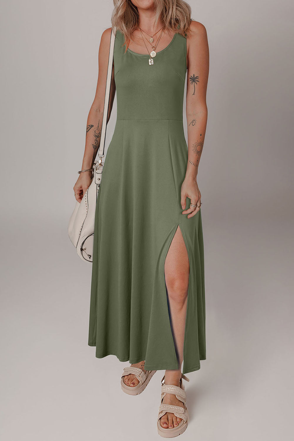 Four Leaf Clover Sleeveless Scoop Neck Flared Split Midi Dress Midi Dresses JT's Designer Fashion