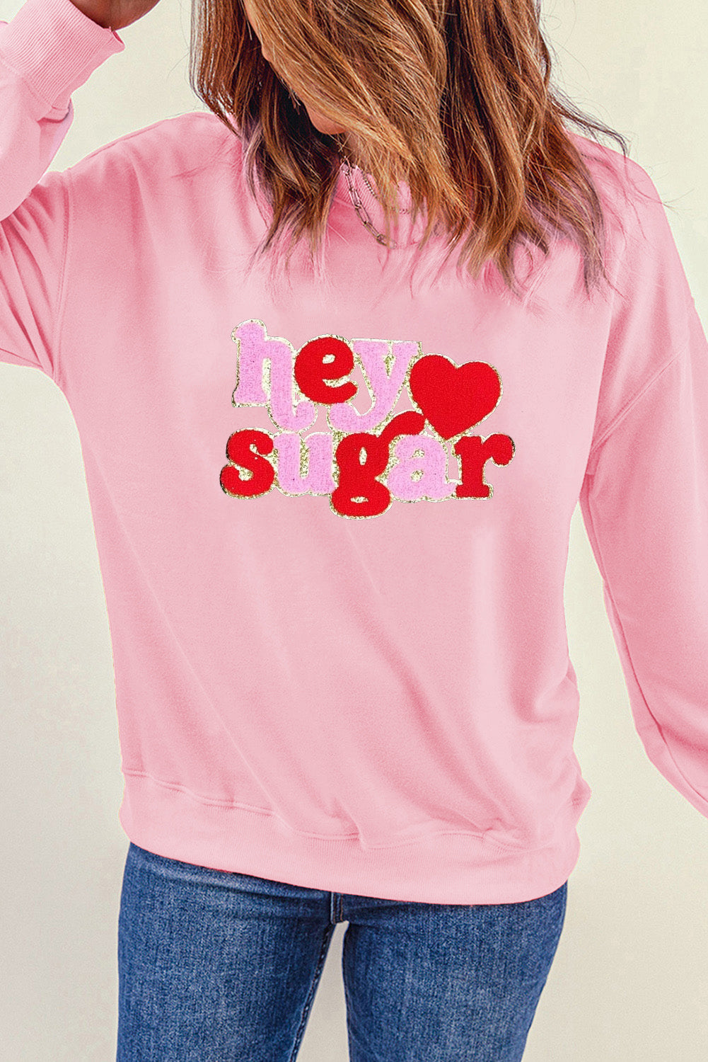 Pink Chenille Heart hey sugar Patched Pattern Valentines Pullover Sweatshirt Graphic Sweatshirts JT's Designer Fashion