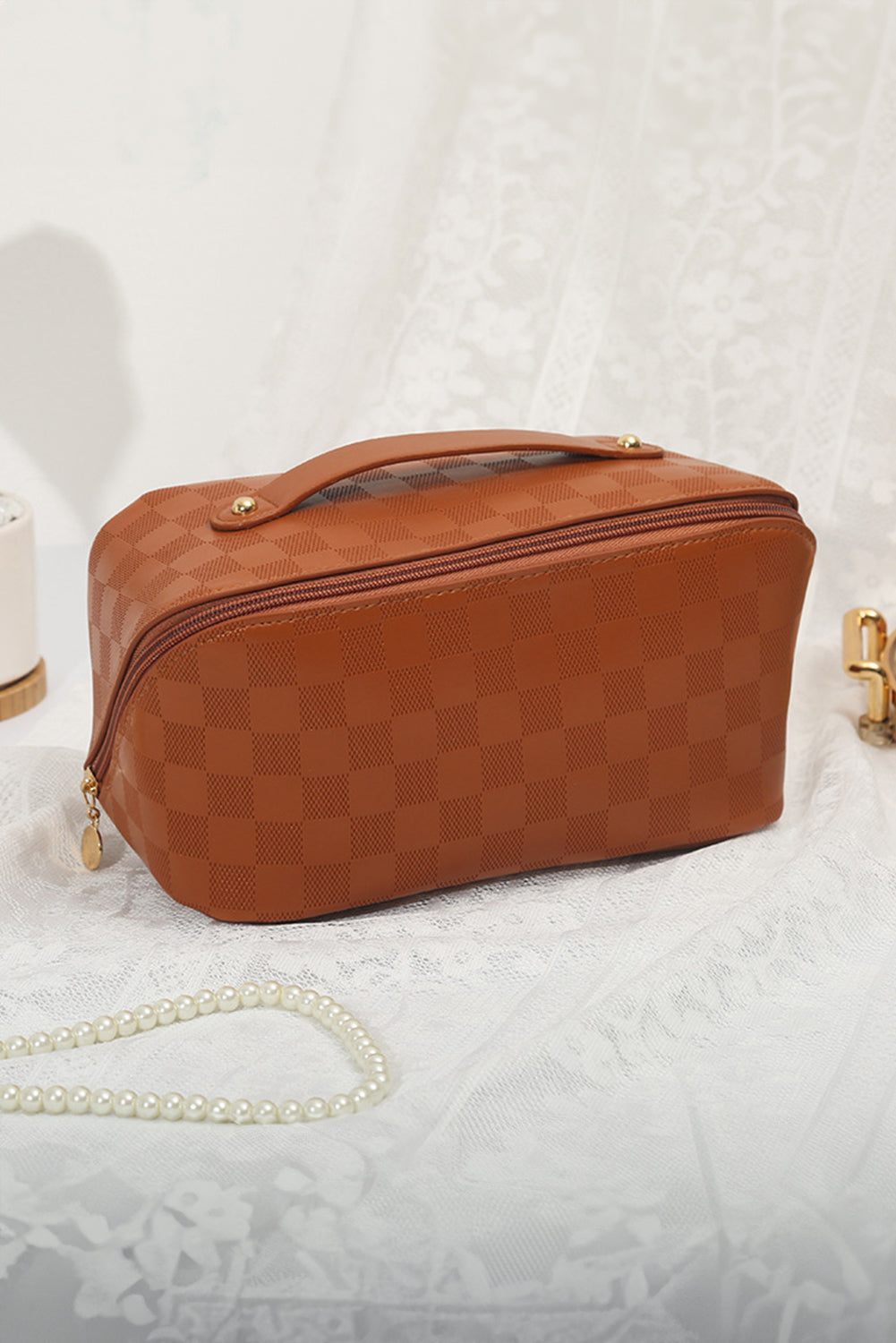 Thai Curry PU Leather Checkered Large Makeup Bag with Handle Makeup Bags JT's Designer Fashion