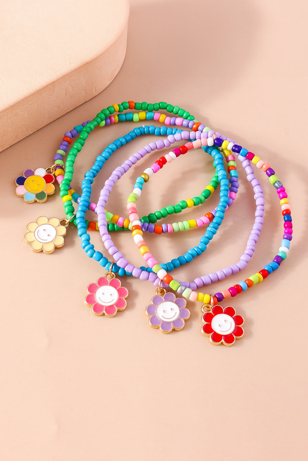 Light Blue 5pcs Smiley Flower Pendant Beaded Bracelet Set Jewelry JT's Designer Fashion