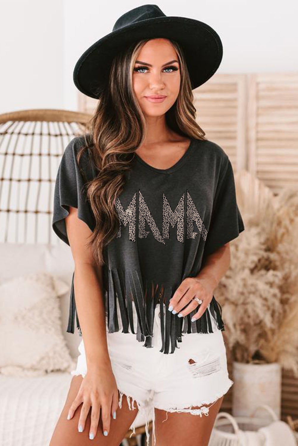 Black Leopard MAMA Fringed Hem Top Graphic Tees JT's Designer Fashion