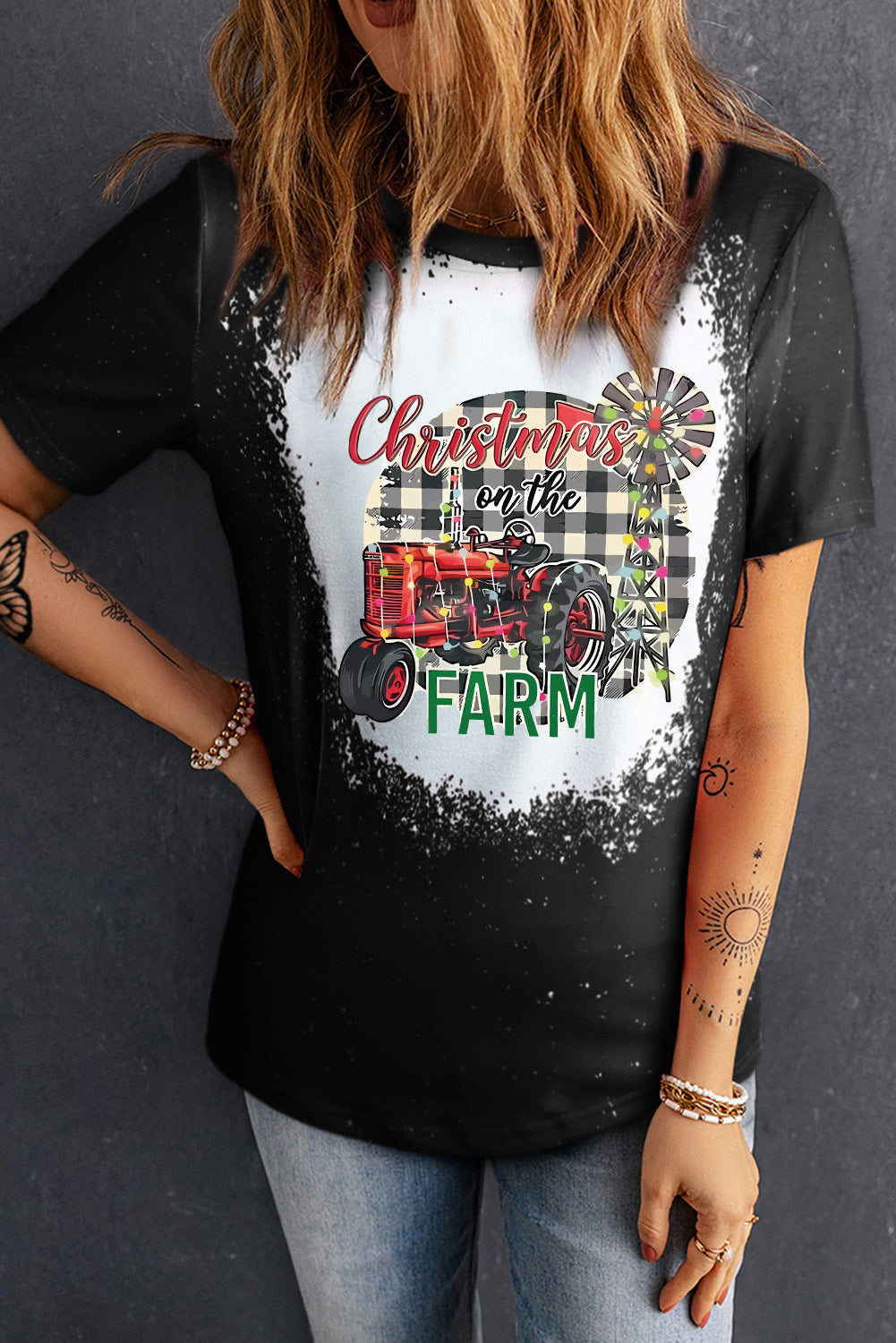 Black Christmas Farm Graphic Bleached T-shirt Graphic Tees JT's Designer Fashion