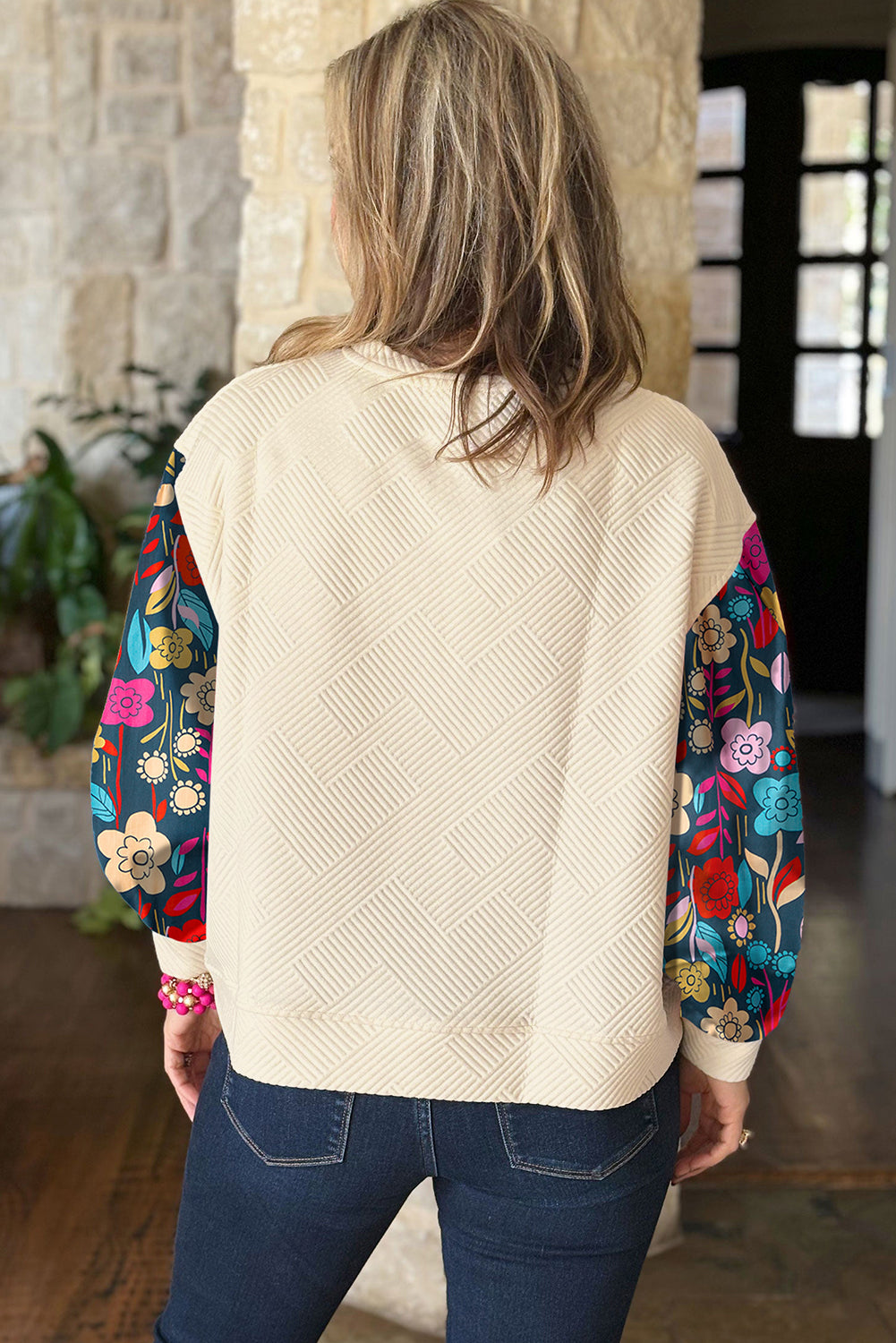 White Contrast Floral Sleeve Textured Drop Shoulder Knit Top Long Sleeve Tops JT's Designer Fashion