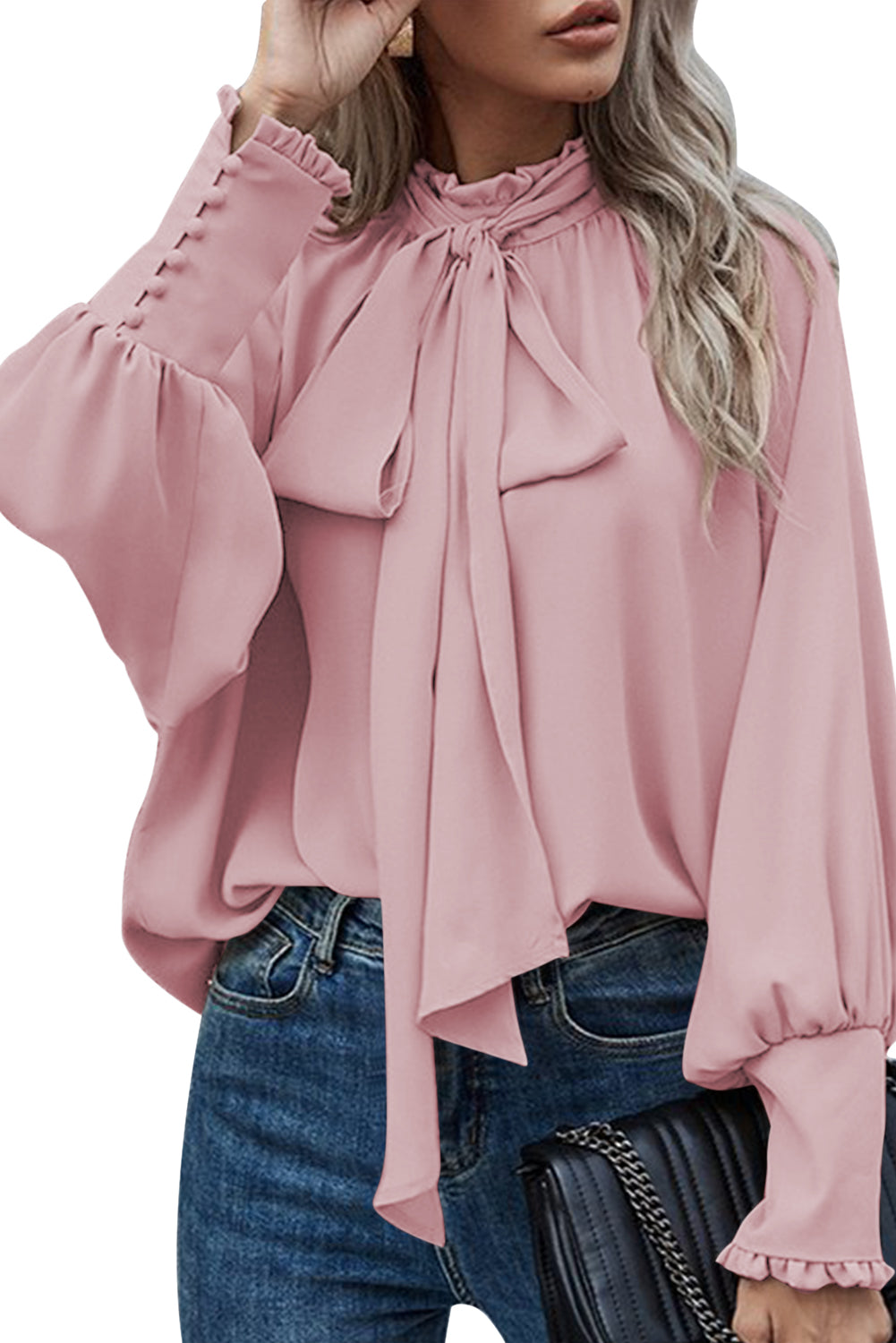 Pink Frilled Knotted Mock Neck Bishop Sleeve Blouse Blouses & Shirts JT's Designer Fashion