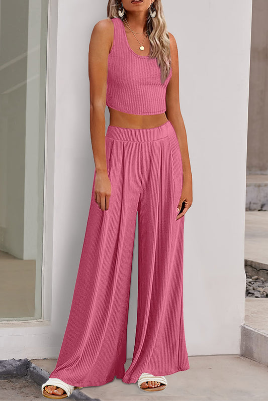 Pink Textured Sleeveless Crop Top and Wide Leg Pants Outfit Bottoms JT's Designer Fashion