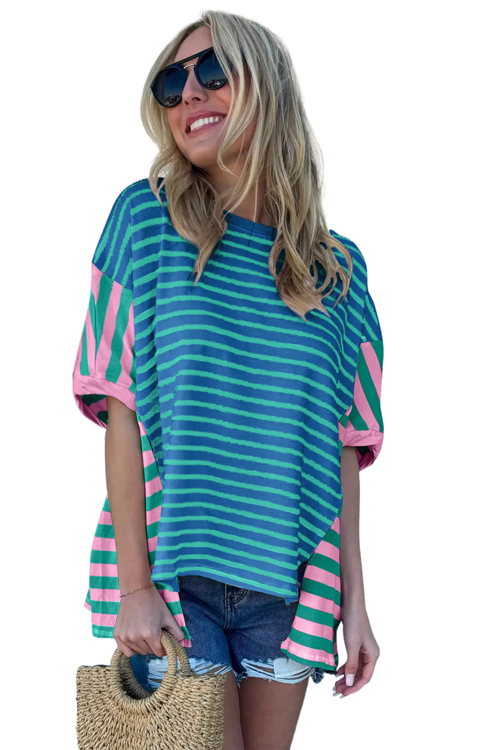 Blue Stripe Colorblock Stripe Patchwork Baggy T Shirt Tops & Tees JT's Designer Fashion