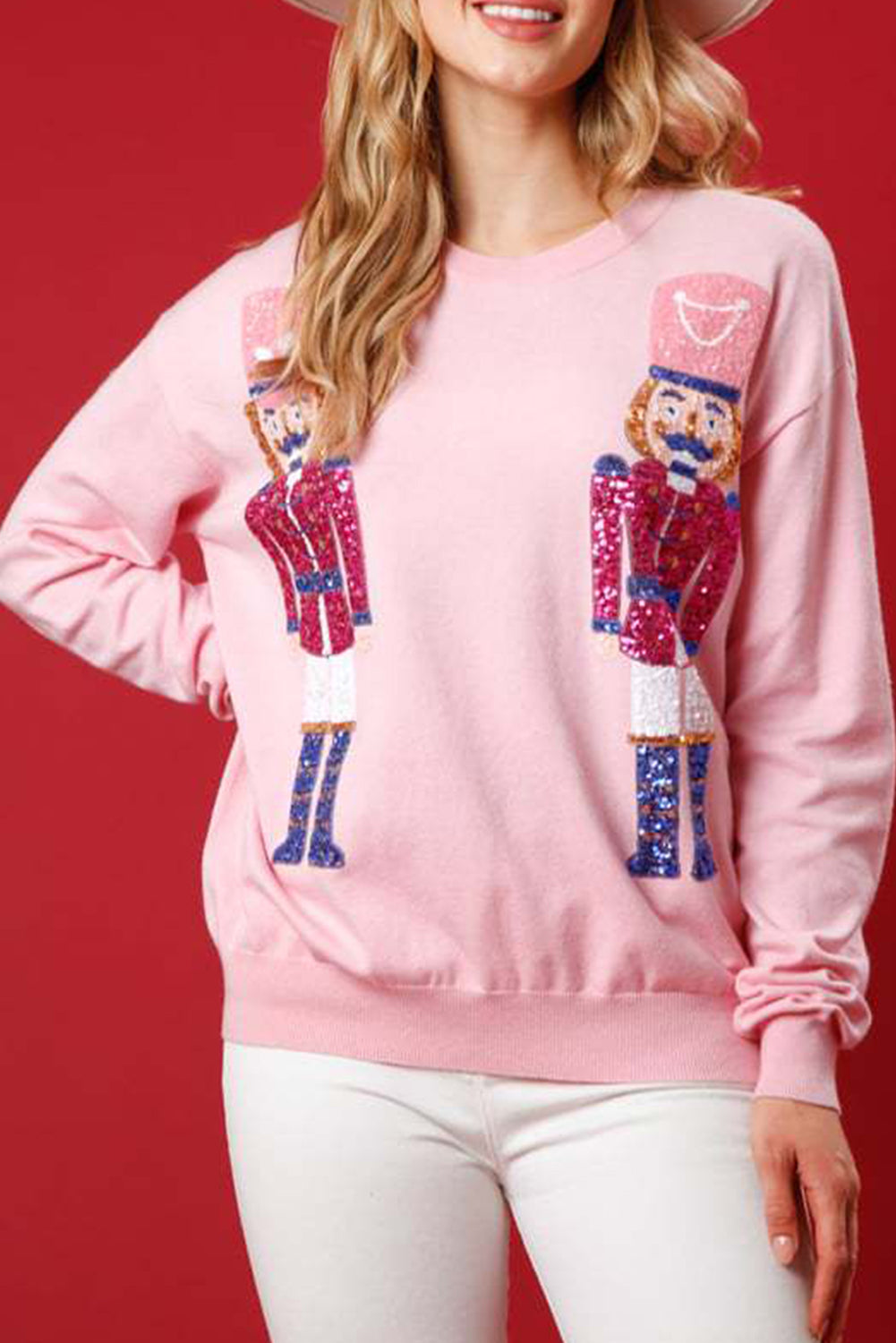 Pink Sequin Nutcracker Christmas Crew Neck Sweatshirt Sweatshirts & Hoodies JT's Designer Fashion