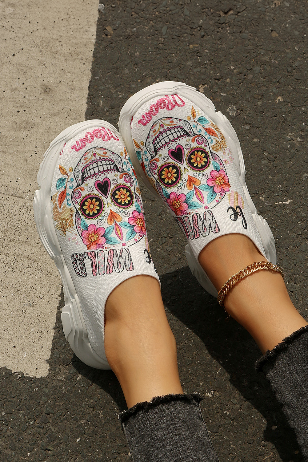 White Halloween Floral Skull Printed Slip-On Flat Shoes Women's Shoes JT's Designer Fashion