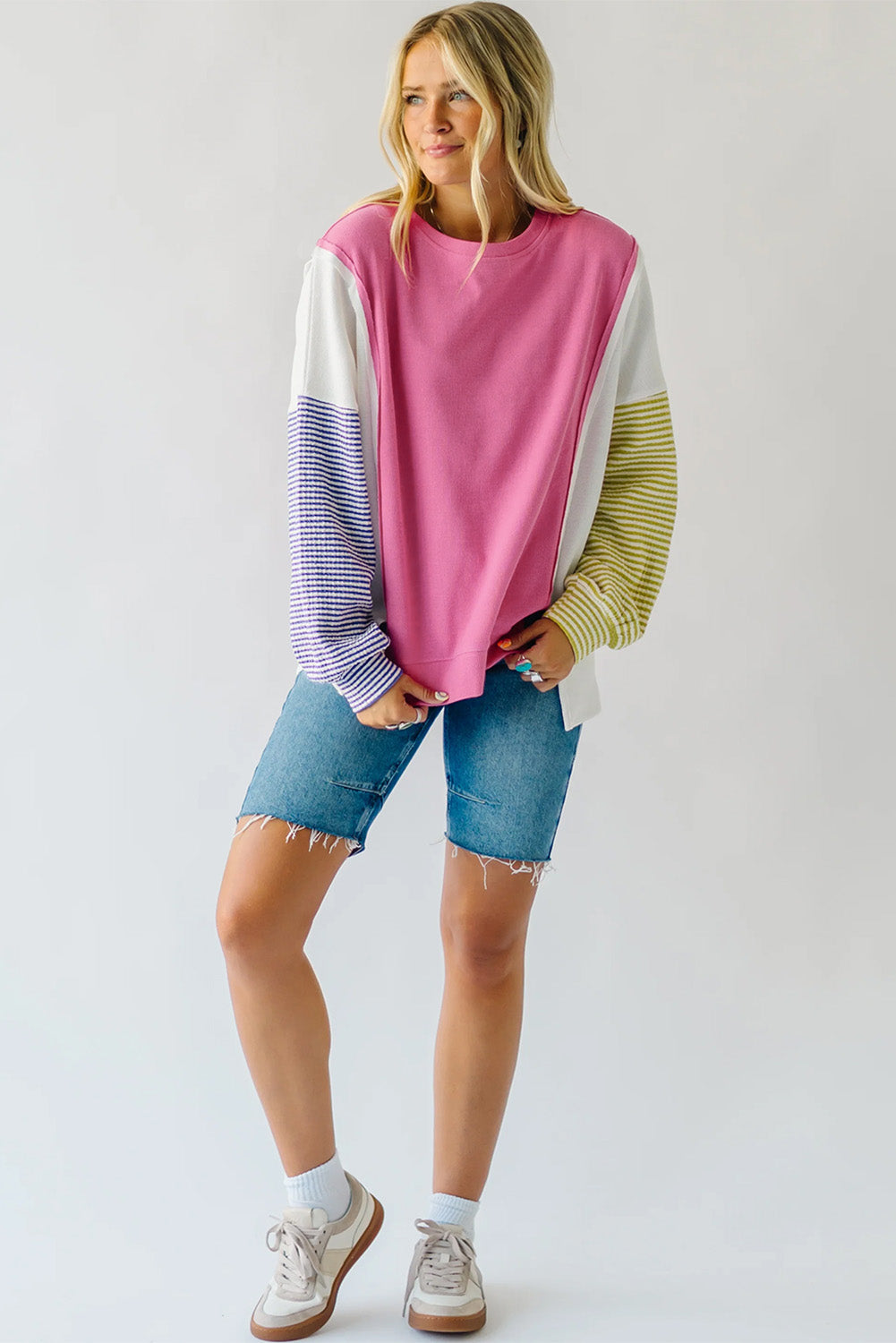 Sachet Pink Exposed Seam Striped Color Block Patchwork Long Sleeve Top Long Sleeve Tops JT's Designer Fashion