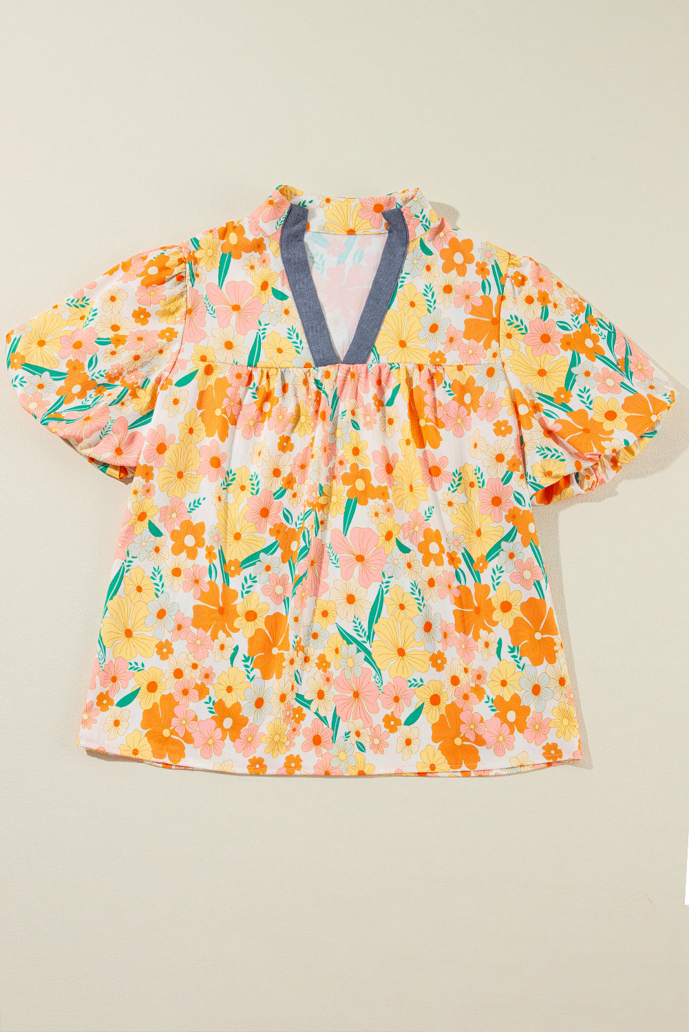 Multicolour Floral Print Bubble Sleeve V Neck Blouse Blouses & Shirts JT's Designer Fashion