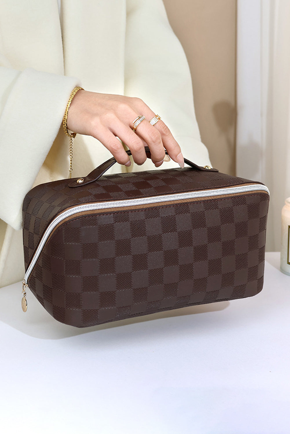 Chestnut Checkered Zipper Handle PU Leather Travel Makeup Bag Makeup Bags JT's Designer Fashion