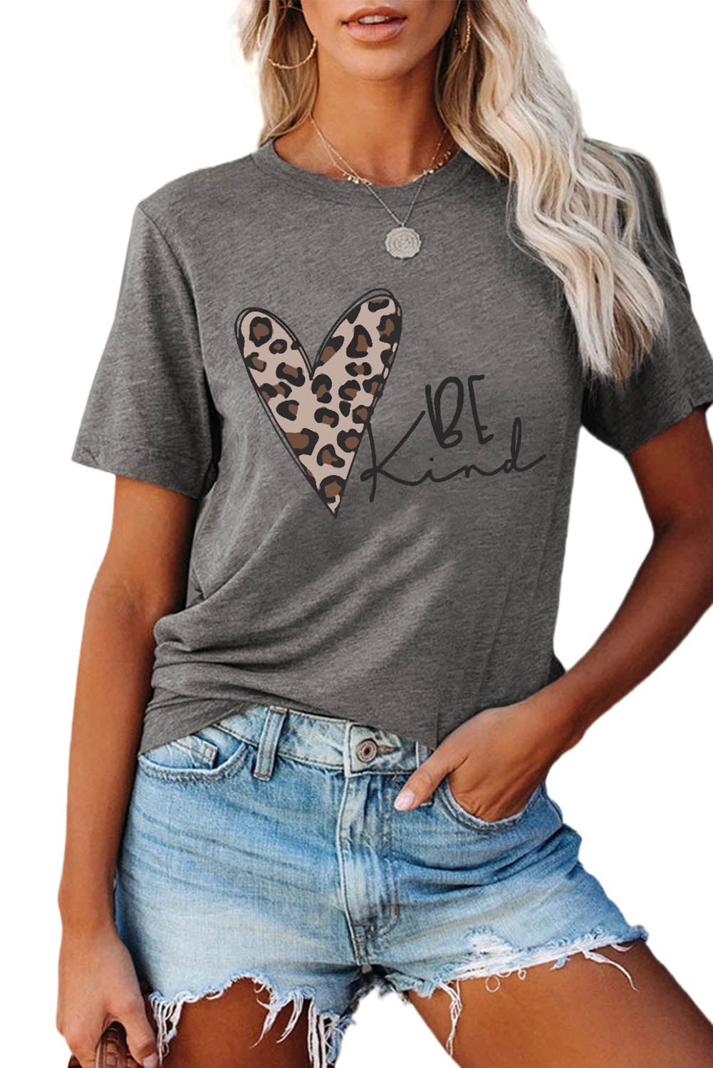 Gray Leopard Heart Be Kind Graphic Tee Graphic Tees JT's Designer Fashion