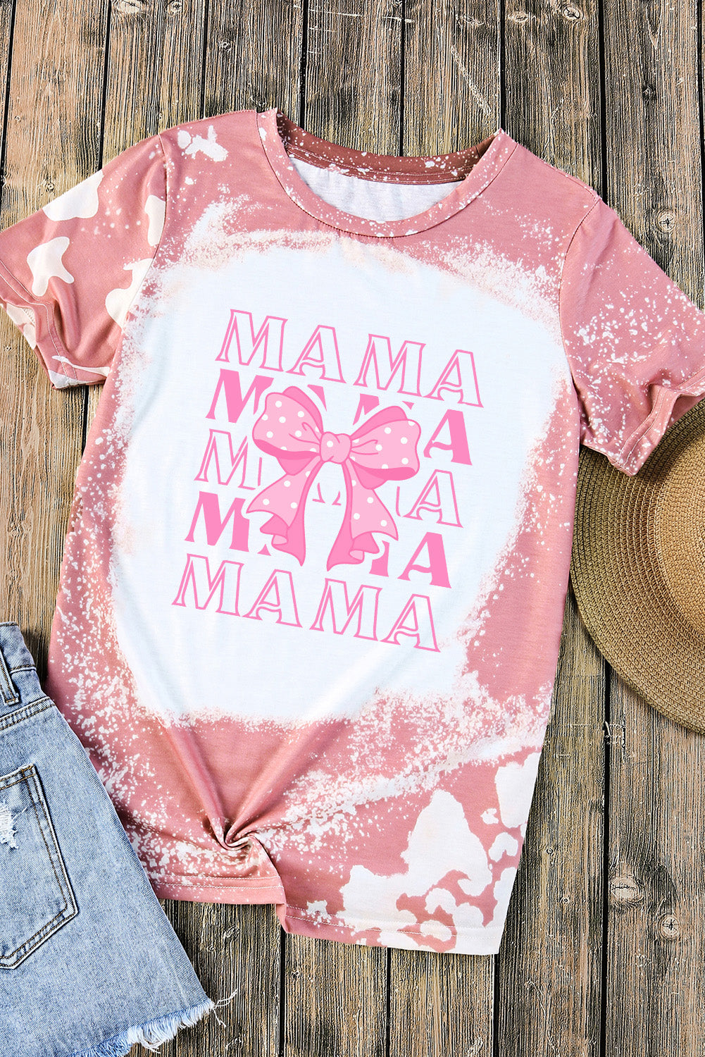 Pink MAMA Bowknot Graphic Bleached Tee Graphic Tees JT's Designer Fashion